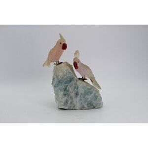 Vintage Hand-Carved Rose Quartz Bird Sculpture on Fluorite Base with Carnelian B